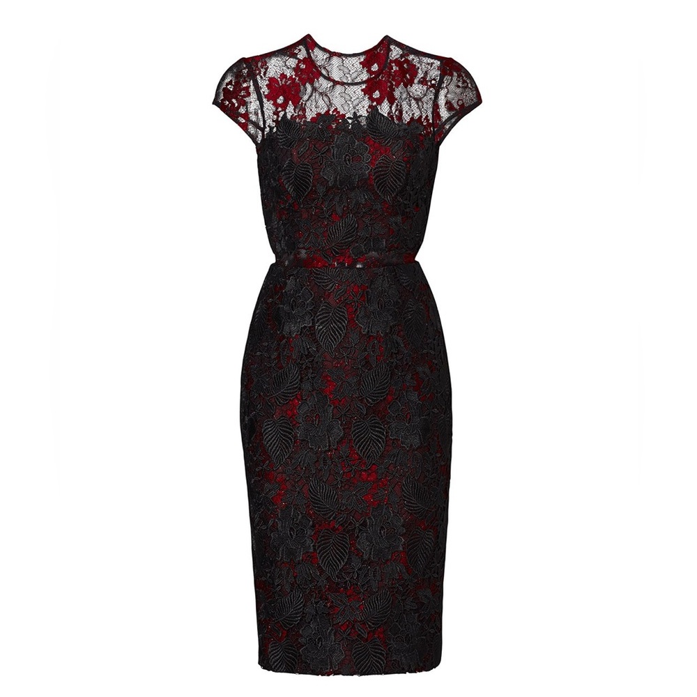 ML MONIQUE LHUILLIER Royal Rose Sheath dress size 12 embroidered macramé lace